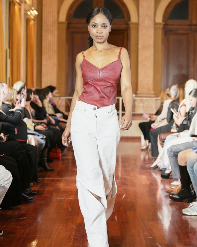 Naomi-cut trousers white on model by Riina Laanetu