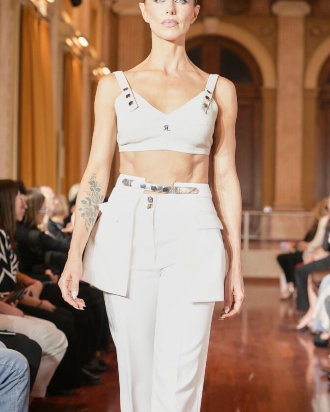 Leather bra on model in Milan Fashion Week by Riina Laanetu - taupe