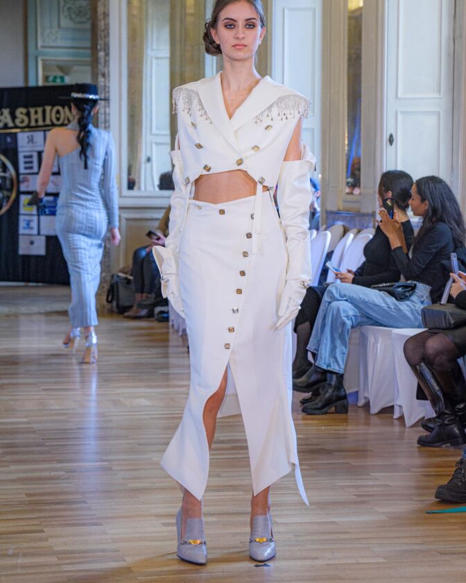 Skirt Pisa by Riina Laanetu on model in Milan Fashion Week - white